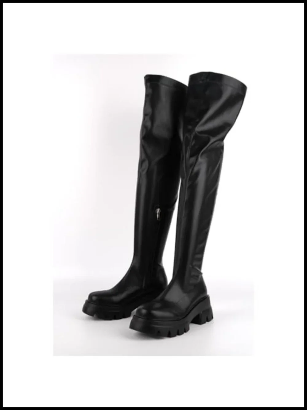 Chunky Heel Thigh High Combat Boots Zip Up Tread Sole Booties